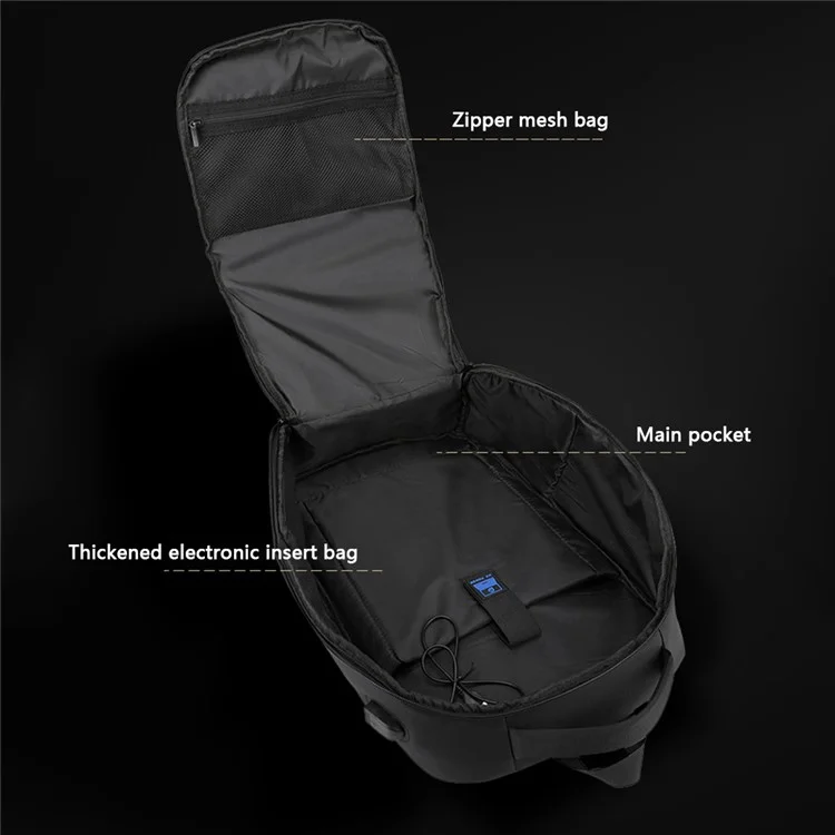 WEPOWER 1288 Stylish Men Travel Nylon Backpack Laptop Carrying Daypack mit USB-Anschluss, 30x18x47cm - Schwarz