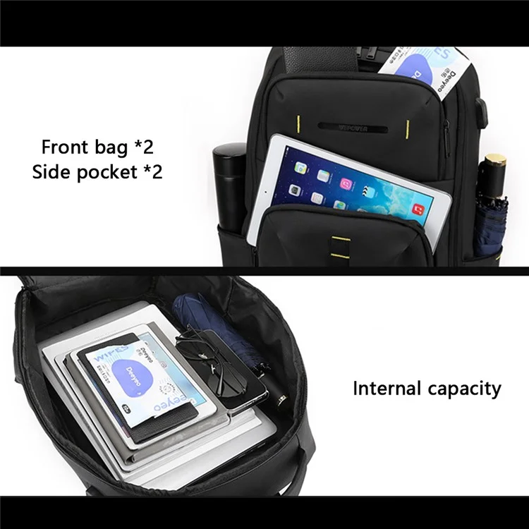 WEPOWER 1288 Stylish Men Travel Nylon Backpack Laptop Carrying Daypack mit USB-Anschluss, 30x18x47cm - Schwarz
