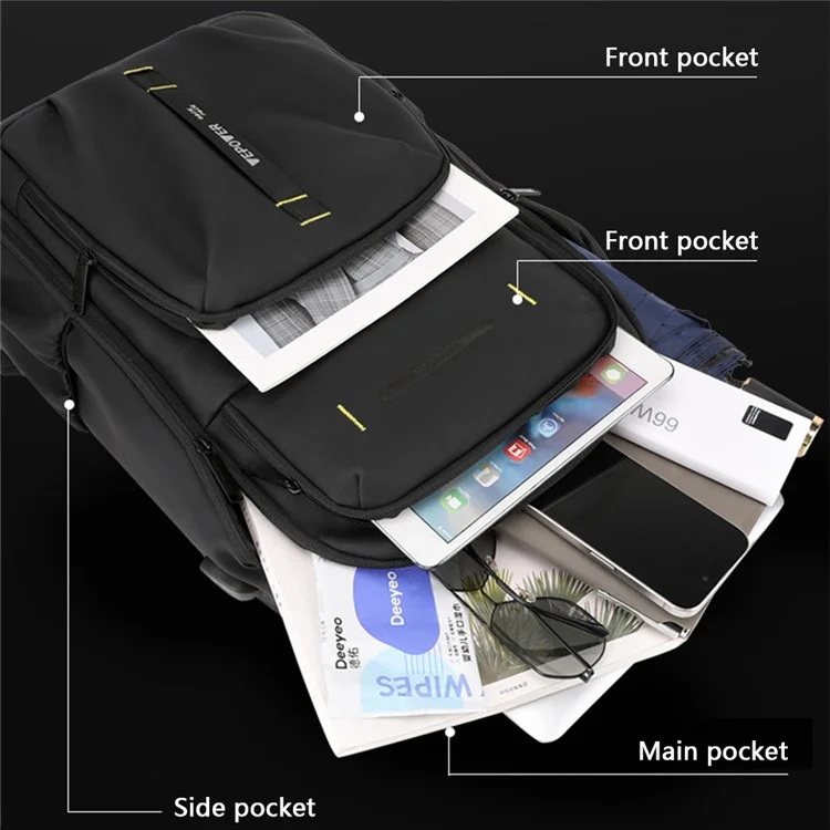 WEPOWER 1288 Stylish Men Travel Nylon Backpack Laptop Carrying Daypack mit USB-Anschluss, 30x18x47cm - Schwarz