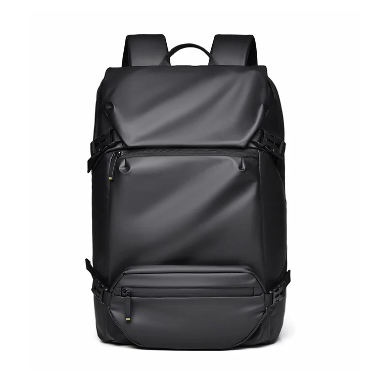 1-2858 31x12x42cm Men's Laptop Backpack Waterproof Leather Film Nylon Cloth Travel Shoulders Bag  - Black