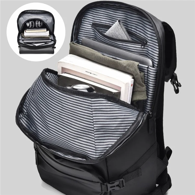 1-2858 31x12x42cm Men's Laptop Backpack Waterproof Leather Film Nylon Cloth Travel Shoulders Bag  - Black