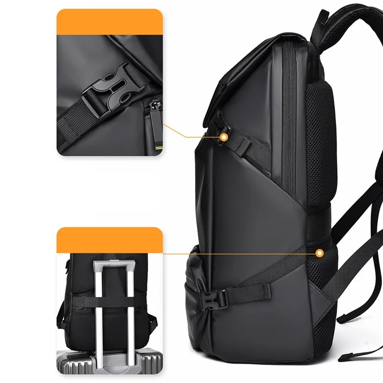 1-2858 31x12x42cm Men's Laptop Backpack Waterproof Leather Film Nylon Cloth Travel Shoulders Bag  - Black
