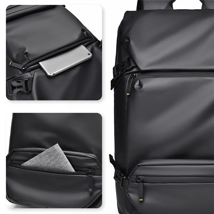 1-2858 31x12x42cm Men's Laptop Backpack Waterproof Leather Film Nylon Cloth Travel Shoulders Bag  - Black