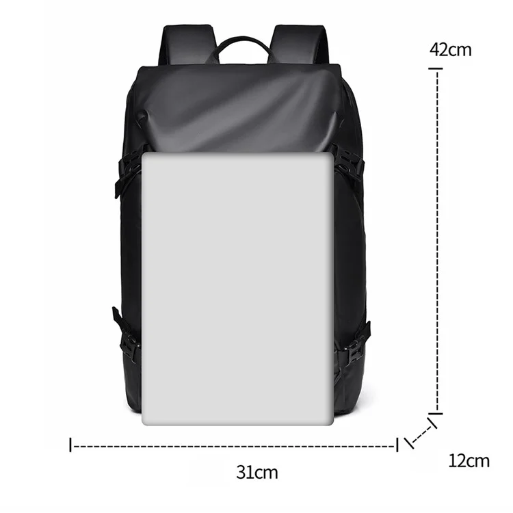 1-2858 31x12x42cm Men's Laptop Backpack Waterproof Leather Film Nylon Cloth Travel Shoulders Bag  - Black