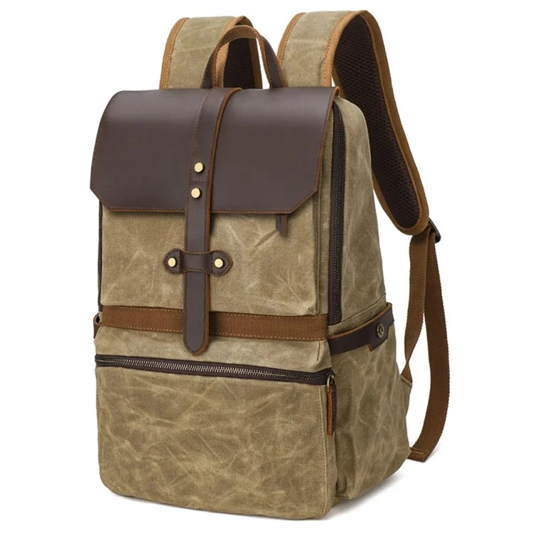 1031 Top Layer Cowhide Leather Flap Backpack Vintage Canvas Shoulder Bag for 15.6-inch Laptop - Khaki