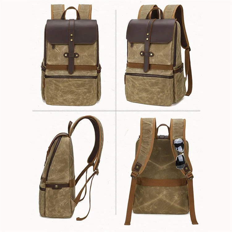 1031 Top Layer Cowhide Leather Flap Backpack Vintage Canvas Shoulder Bag for 15.6-inch Laptop - Khaki