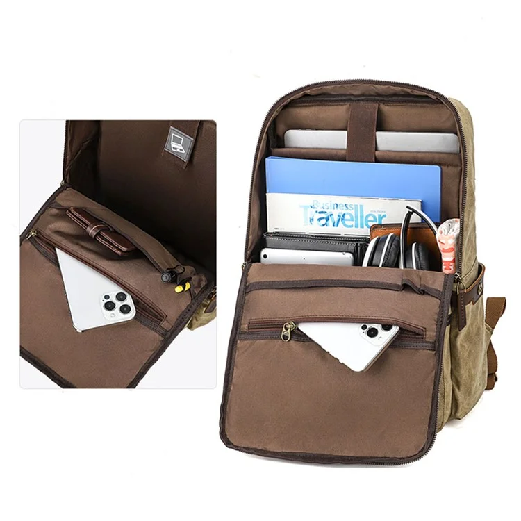 1031 Top Layer Cowhide Leather Flap Backpack Vintage Canvas Shoulder Bag for 15.6-inch Laptop - Khaki