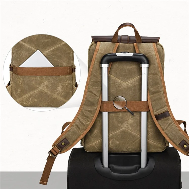 1031 Top Layer Cowhide Leather Flap Backpack Vintage Canvas Shoulder Bag for 15.6-inch Laptop - Khaki