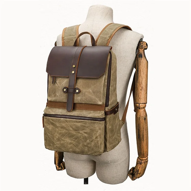 1031 Top Layer Cowhide Leather Flap Backpack Vintage Canvas Shoulder Bag for 15.6-inch Laptop - Khaki