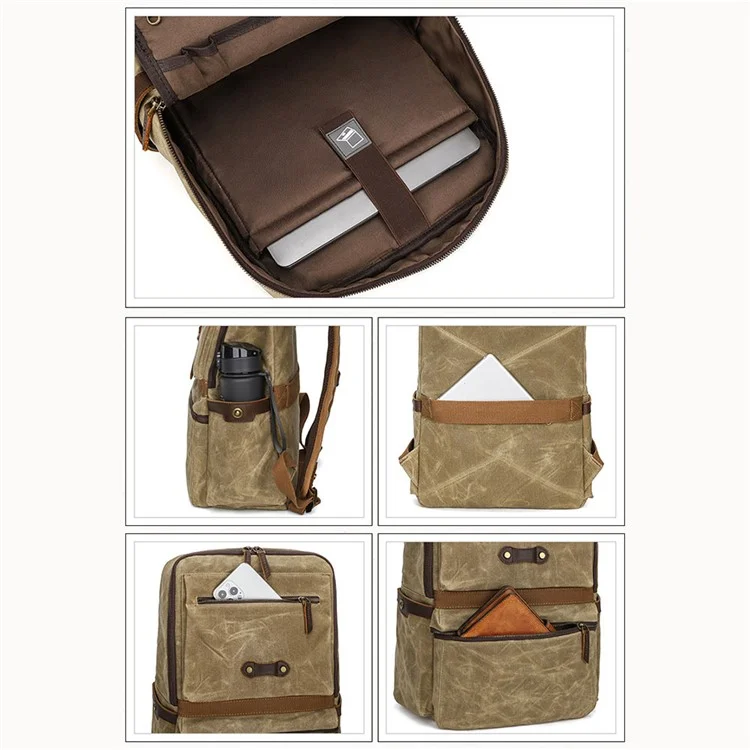 1031 Top Layer Cowhide Leather Flap Backpack Vintage Canvas Shoulder Bag for 15.6-inch Laptop - Khaki