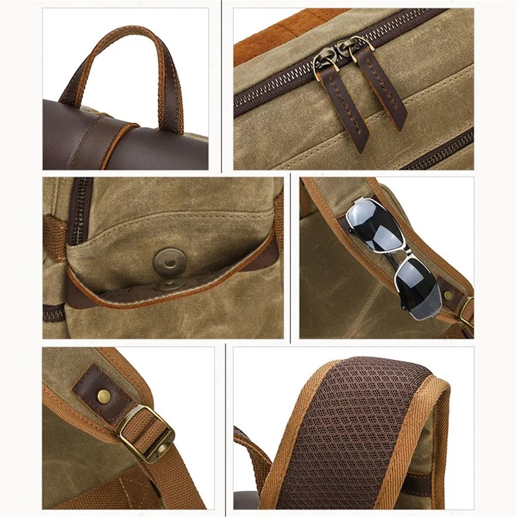 1031 Top Layer Cowhide Leather Flap Backpack Vintage Canvas Shoulder Bag for 15.6-inch Laptop - Khaki