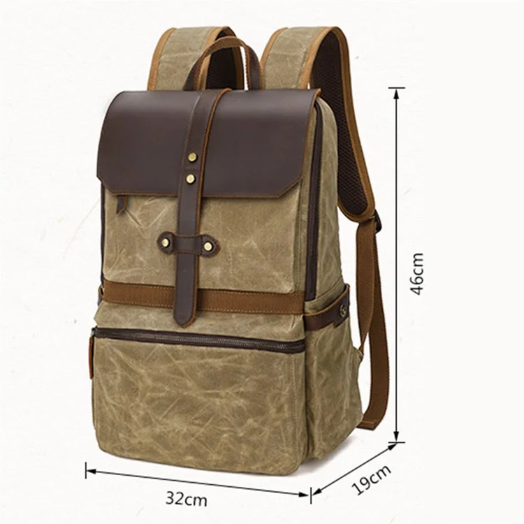 1031 Top Layer Cowhide Leather Flap Backpack Vintage Canvas Shoulder Bag for 15.6-inch Laptop - Khaki