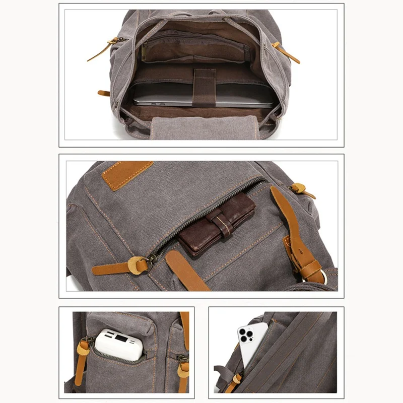 1001 Vintage Washed Canvas Backpack Large Capacity Shoulder Bag for 16-inch Laptop - Dark Grey