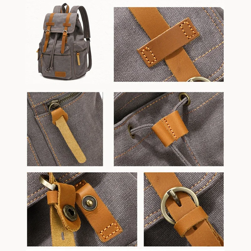 1001 Vintage Washed Canvas Backpack Large Capacity Shoulder Bag for 16-inch Laptop - Dark Grey