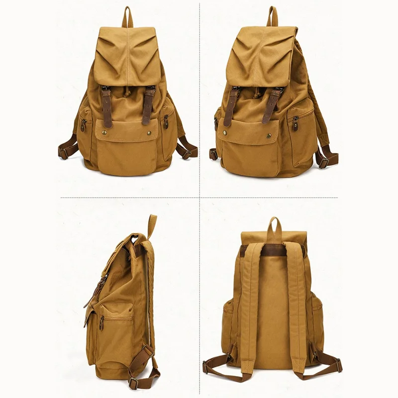 1005 Canvas+Leather Travel Backpack Retro Casual Dual Shoulder Bag - Yellow