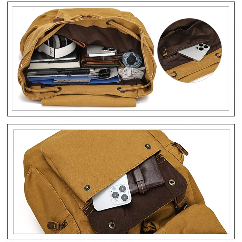 1005 Canvas+Leather Travel Backpack Retro Casual Dual Shoulder Bag - Yellow
