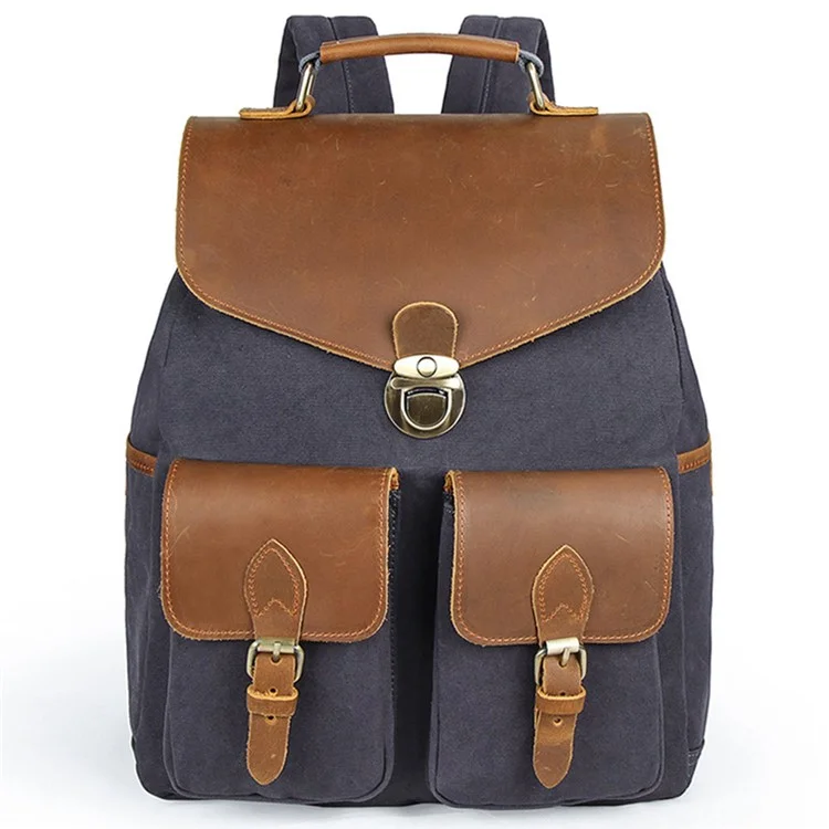 3019 Canvas+Leather Men Travel Laptop Backpack Retro Casual Dual Shoulder Bag - Dark Grey
