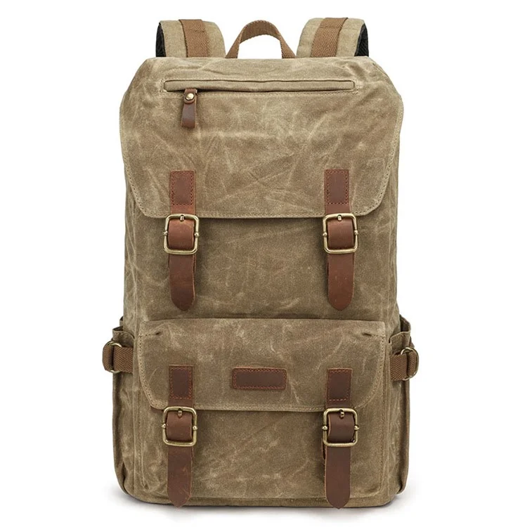 K58 Flap Design Waxed Canvas Backpack for Men Women Laptop Carrying Shoulder Bag - Khaki