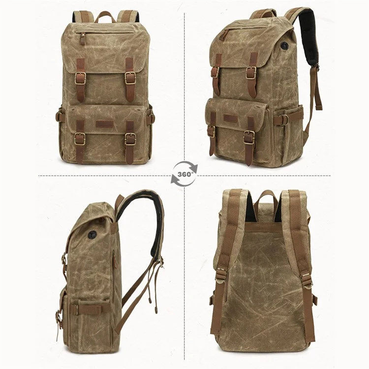 K58 Flap Design Waxed Canvas Backpack for Men Women Laptop Carrying Shoulder Bag - Khaki