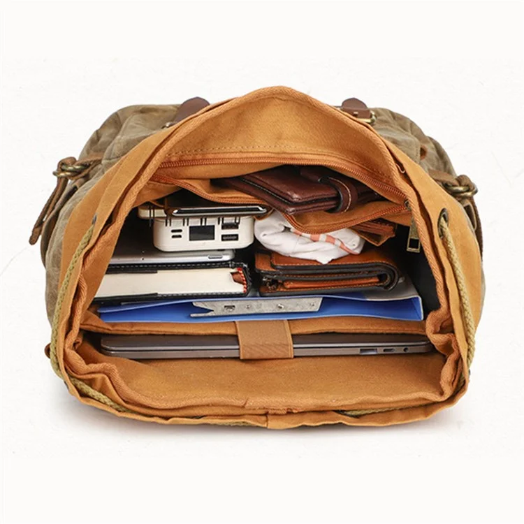 K58 Flap Design Waxed Canvas Backpack for Men Women Laptop Carrying Shoulder Bag - Khaki