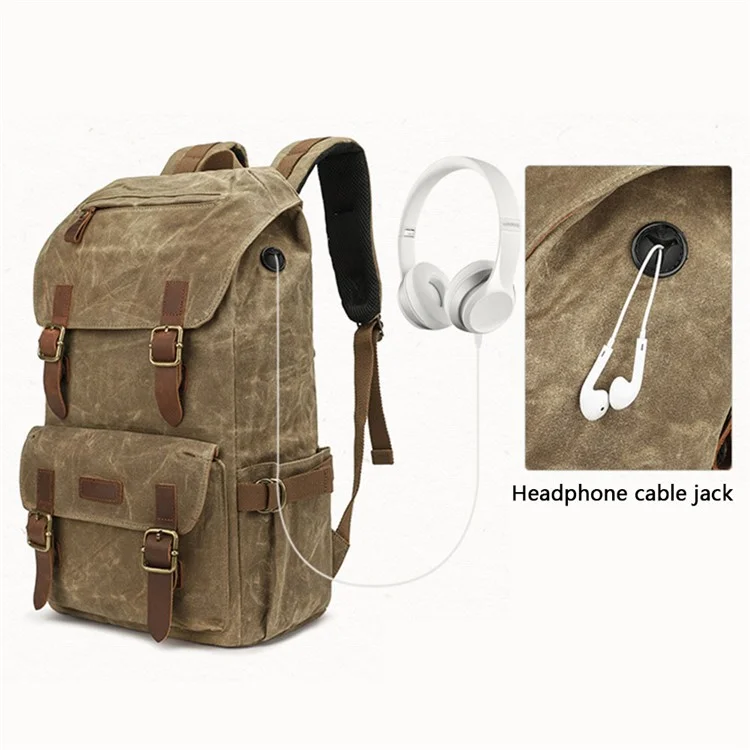 K58 Flap Design Waxed Canvas Backpack for Men Women Laptop Carrying Shoulder Bag - Khaki