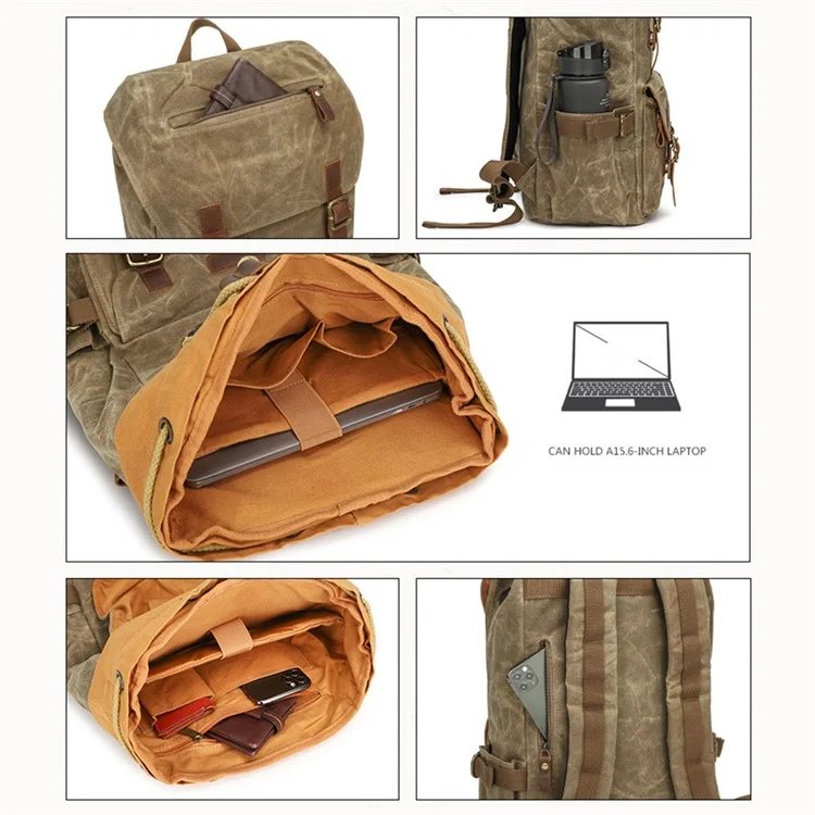 K58 Flap Design Waxed Canvas Backpack for Men Women Laptop Carrying Shoulder Bag - Khaki