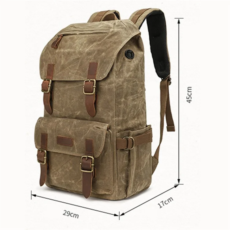 K58 Flap Design Waxed Canvas Backpack for Men Women Laptop Carrying Shoulder Bag - Khaki