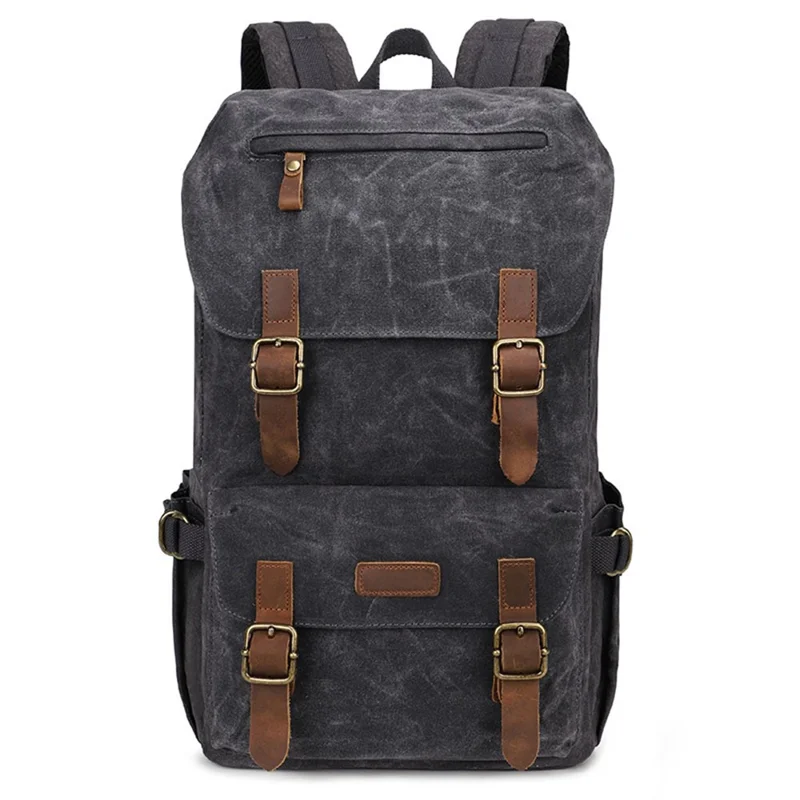 K58 Flap Design Waxed Canvas Backpack per Uomo Donna Borsa per Laptop a Spalla - Grigio Scuro