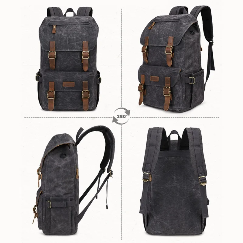 K58 Flap Design Waxed Canvas Backpack per Uomo Donna Borsa per Laptop a Spalla - Grigio Scuro