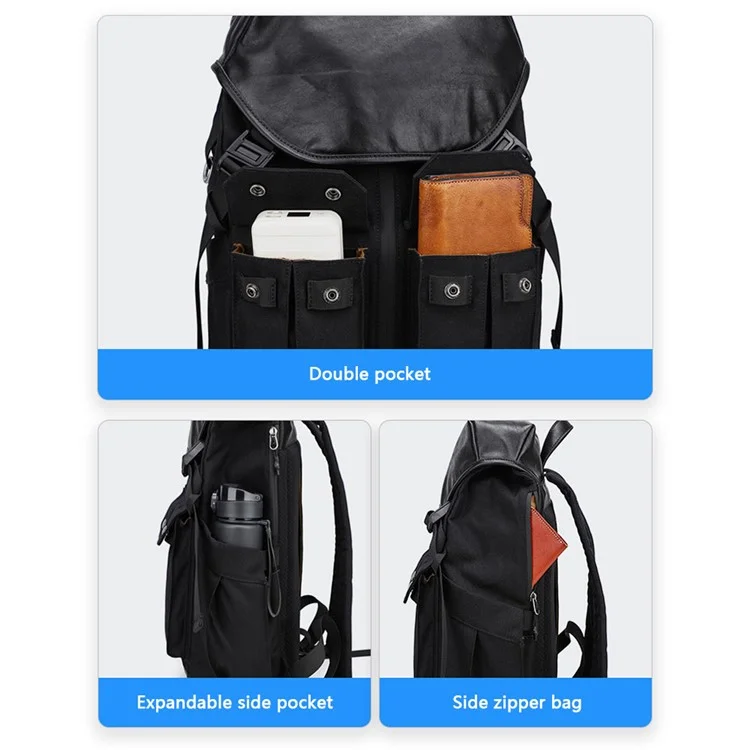 B785 Vintage-Laptop-Rucksack für Herren mit großer Kapazität, Doppel-Schultertasche - Schwarz