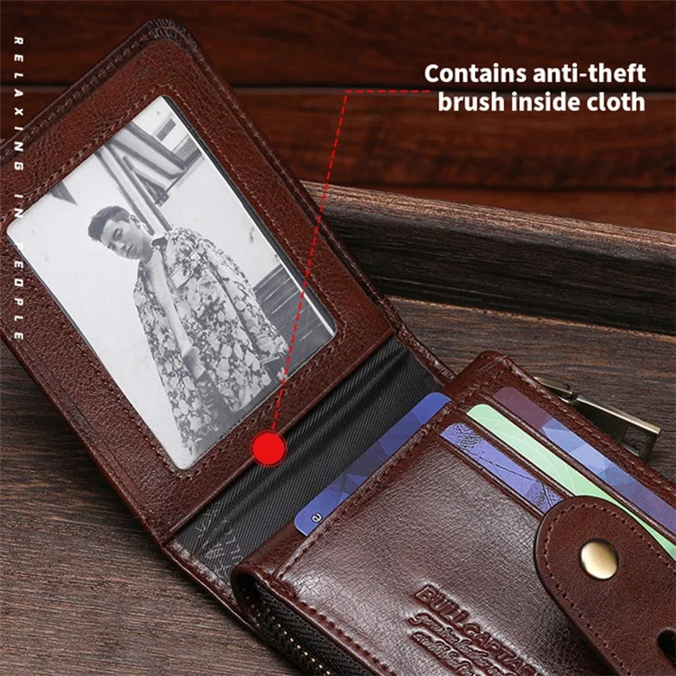 BULLCAPTAIN 232 Men's Wallet RFID Blocking Full Grain Cow Leather Card Bag Cash Money Storage Pouch - Coffee