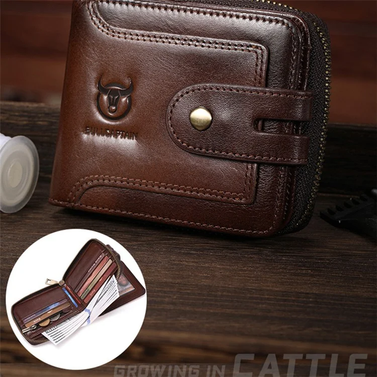 BULLCAPTAIN 232 Men's Wallet RFID Blocking Full Grain Cow Leather Card Bag Cash Money Storage Pouch - Coffee