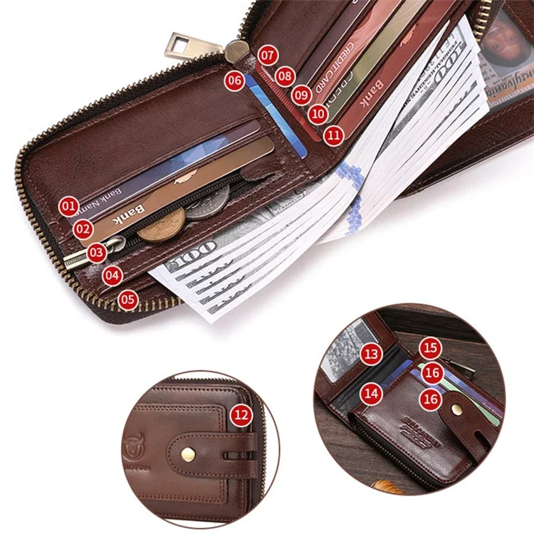 BULLCAPTAIN 232 Men's Wallet RFID Blocking Full Grain Cow Leather Card Bag Cash Money Storage Pouch - Coffee