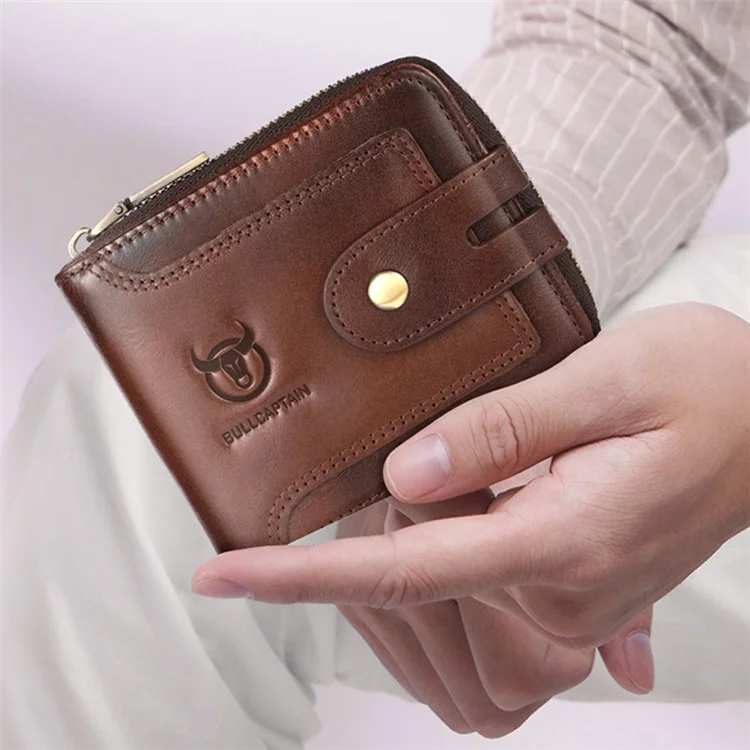 BULLCAPTAIN 232 Men's Wallet RFID Blocking Full Grain Cow Leather Card Bag Cash Money Storage Pouch - Coffee