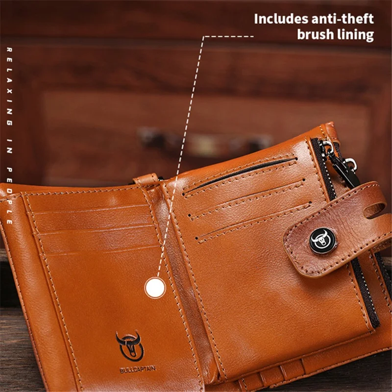 BULLCAPTAIN 230 Men's RFID Blocking Wallet Cash Money Storage Pouch Full Grain Cow Leather Card Bag - Brown