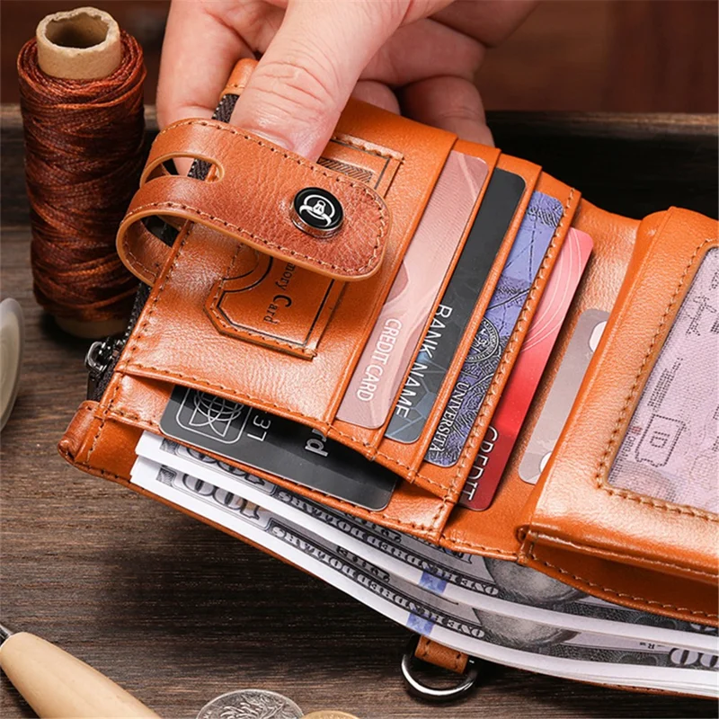 BULLCAPTAIN 230 Men's RFID Blocking Wallet Cash Money Storage Pouch Full Grain Cow Leather Card Bag - Brown
