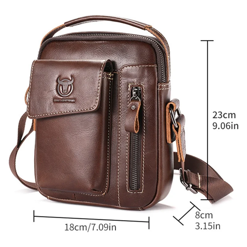 BULLCAPTAIN 400 Men's Crossbody Bag Cowhide Leather Messenger Bag Large Daypack - Coffee