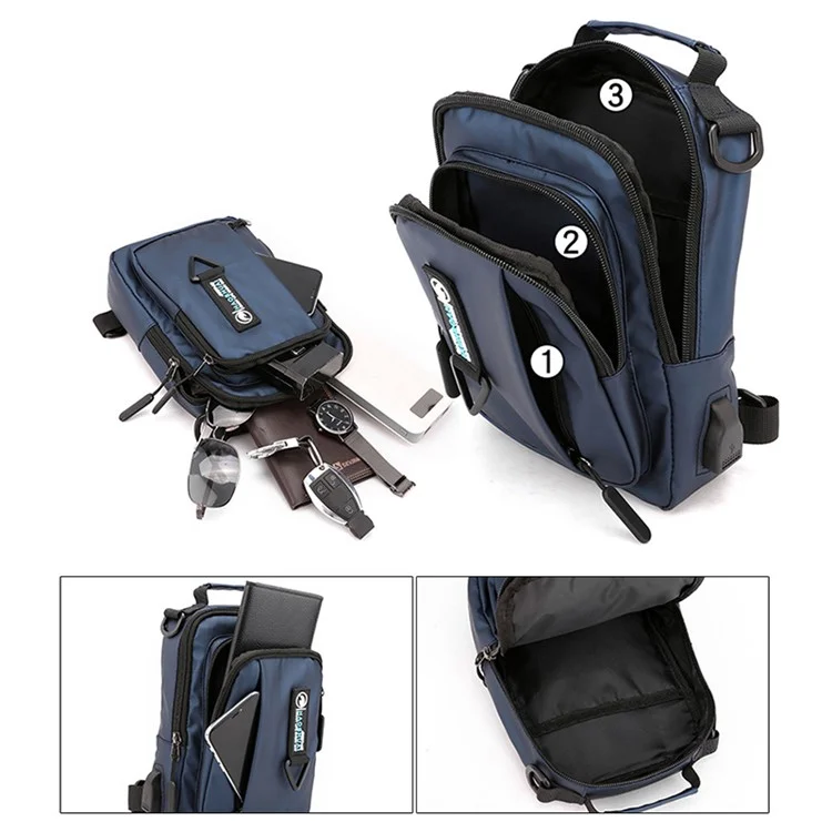 HAOSHUAI 1100-10 Sac de poitrine élégant pour homme en nylon, sac à bandoulière croisé avec port USB - Bleu foncé