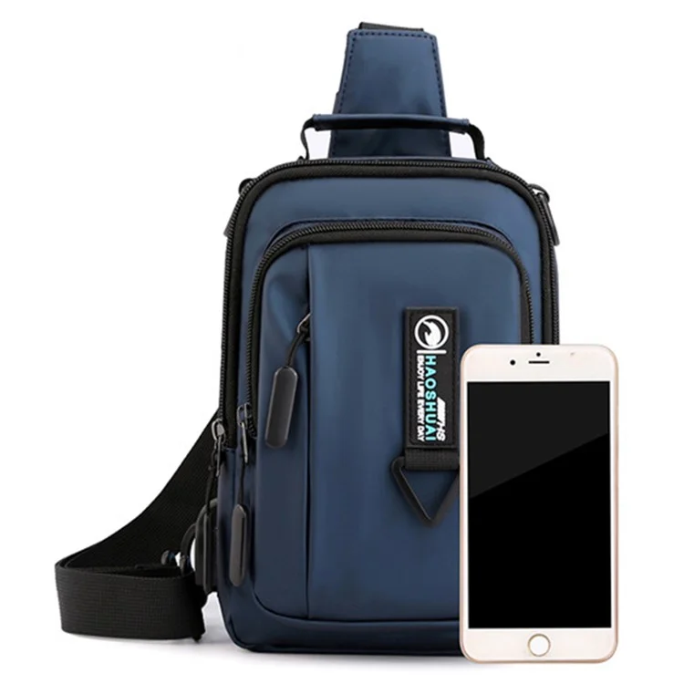 HAOSHUAI 1100-10 Sac de poitrine élégant pour homme en nylon, sac à bandoulière croisé avec port USB - Bleu foncé