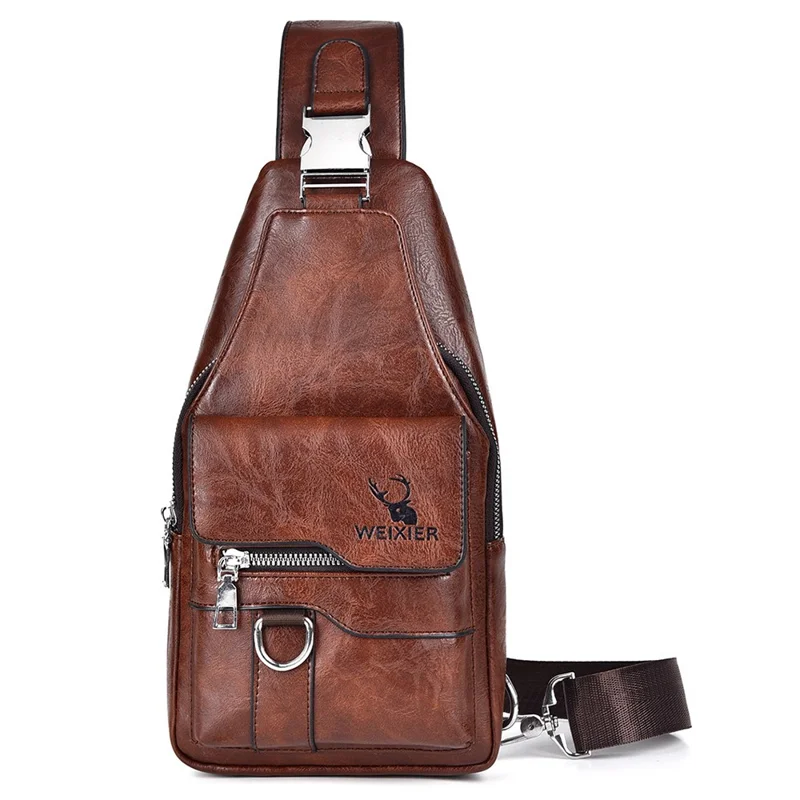 WEIXIER X327 PU Leather Chest Pack for iPad 7.9-inch Vintage Men Crossbody Bag - Dark Brown