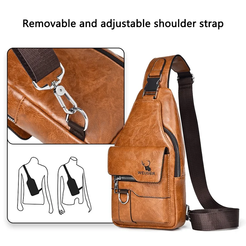 WEIXIER X327 PU Leather Chest Pack for iPad 7.9-inch Vintage Men Crossbody Bag - Dark Brown