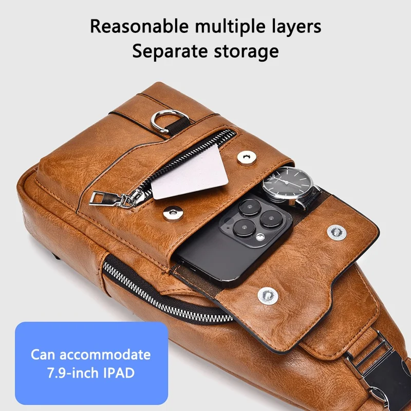 WEIXIER X327 PU Leather Chest Pack for iPad 7.9-inch Vintage Men Crossbody Bag - Dark Brown