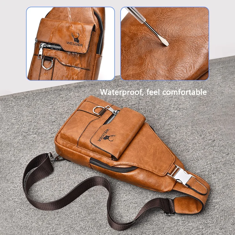 WEIXIER X327 PU Leather Chest Pack for iPad 7.9-inch Vintage Men Crossbody Bag - Dark Brown