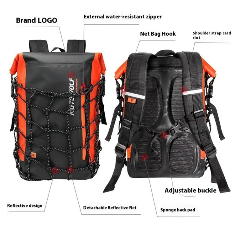 MOTOWOLF MDL0714 30L Motorcycle Cycling Backpack Waterproof PVC Large Shoulders Bag with External Elastic Net Pocket - Blue