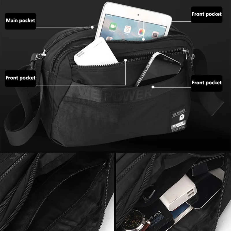 WEPOWER 8703 Men Lightweight Shoulder Bag Waterproof Nylon Small Square Crossbody Bag - Black