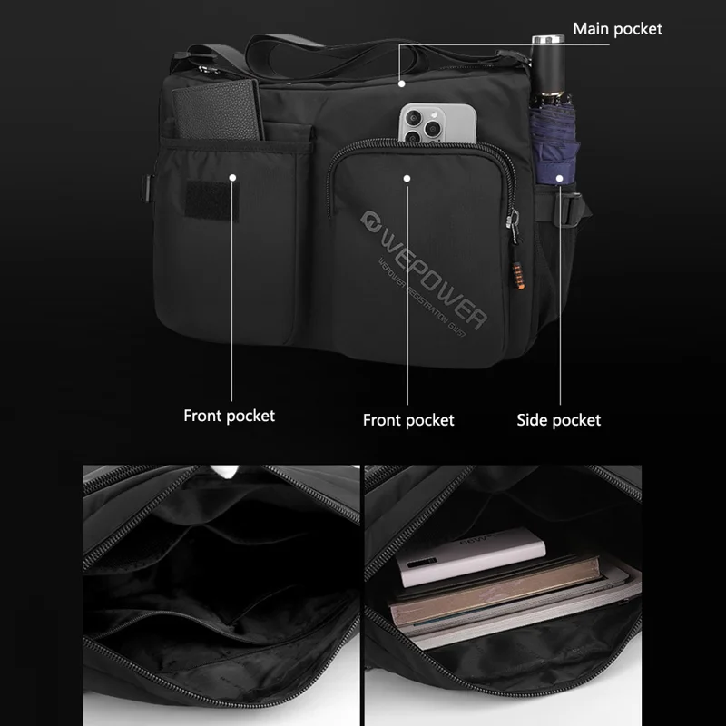 WEPOWER 2313 Herren Casual Travel Nylon Messenger Bag Große Kapazität Umhängetasche - Schwarz