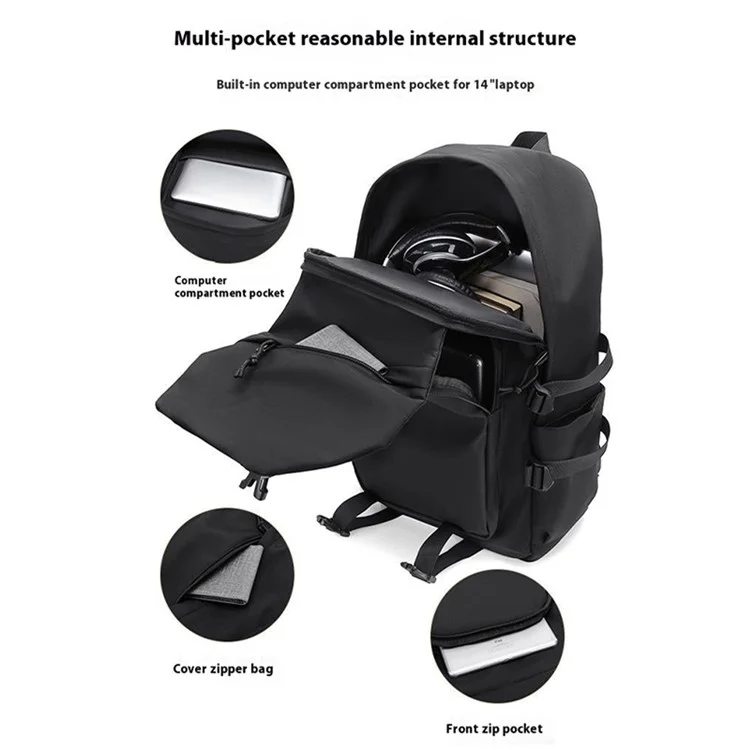 Großer Laptop-Rucksack Polyester Schülertasche Reiserucksack Beiläufiger Tagesrucksack - Schwarz