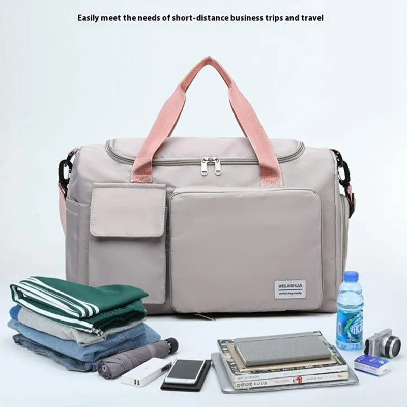 Bolsa de viaje plegable de gran capacidad, bolsa de gimnasio de fin de semana con compartimento para zapatos - Gris+Rosa