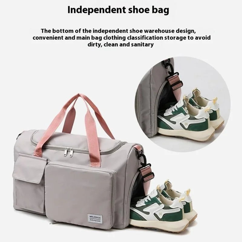 Bolsa de viaje plegable de gran capacidad, bolsa de gimnasio de fin de semana con compartimento para zapatos - Gris+Rosa
