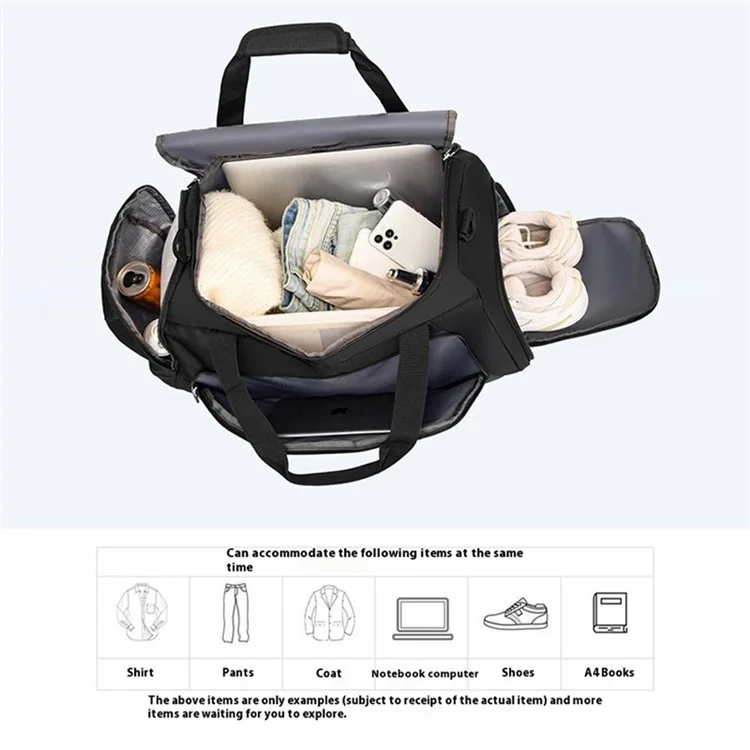Borsa palestra in tessuto Oxford TL001, borsa da viaggio con scomparto per scarpe e tasca impermeabile - Nero